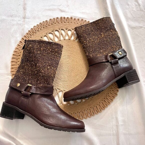 Stuart Weitzman Women's Slip On Tweed Brown Boucle Mid Calf Boots Size 8 - Picture 1 of 11